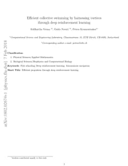 Efficient collective swimming by harnessing vortices through deep
  reinforcement learning