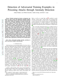 Detection of Adversarial Training Examples in Poisoning Attacks through
  Anomaly Detection