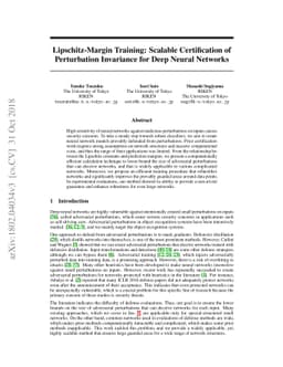 Lipschitz-Margin Training: Scalable Certification of Perturbation
  Invariance for Deep Neural Networks