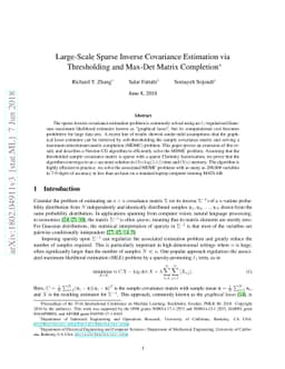 Large-Scale Sparse Inverse Covariance Estimation via Thresholding and
  Max-Det Matrix Completion