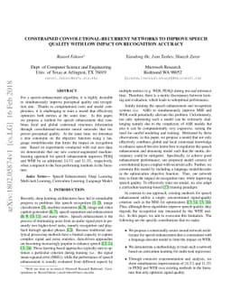Constrained Convolutional-Recurrent Networks to Improve Speech Quality
  with Low Impact on Recognition Accuracy