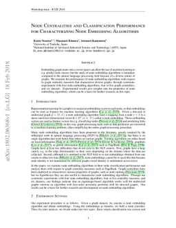 Node Centralities and Classification Performance for Characterizing Node
  Embedding Algorithms
