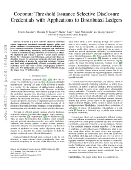 Coconut: Threshold Issuance Selective Disclosure Credentials with
  Applications to Distributed Ledgers