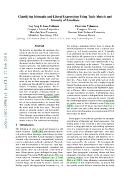 Classifying Idiomatic and Literal Expressions Using Topic Models and
  Intensity of Emotions