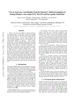 Can we steal your vocal identity from the Internet?: Initial
  investigation of cloning Obama's voice using GAN, WaveNet and low-quality
  found data