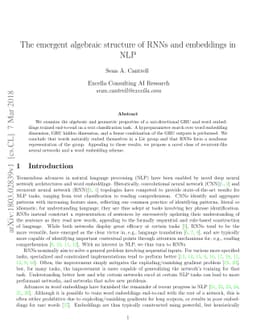 The emergent algebraic structure of RNNs and embeddings in NLP