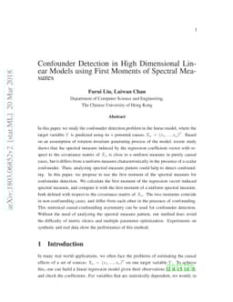 Confounder Detection in High Dimensional Linear Models using First
  Moments of Spectral Measures
