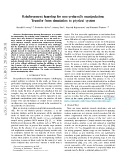 Reinforcement learning for non-prehensile manipulation: Transfer from
  simulation to physical system
