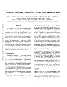 Missing Slice Recovery for Tensors Using a Low-rank Model in Embedded
  Space
