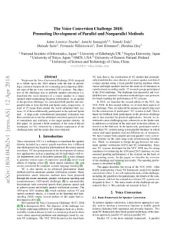The Voice Conversion Challenge 2018: Promoting Development of Parallel
  and Nonparallel Methods