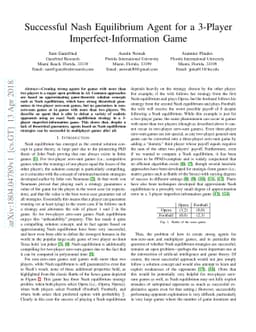 Successful Nash Equilibrium Agent for a 3-Player Imperfect-Information
  Game