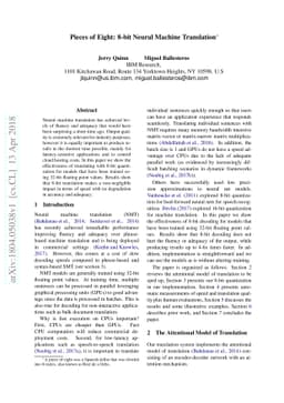 Pieces of Eight: 8-bit Neural Machine Translation