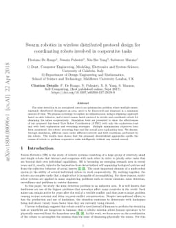 Swarm robotics in wireless distributed protocol design for coordinating
  robots involved in cooperative tasks