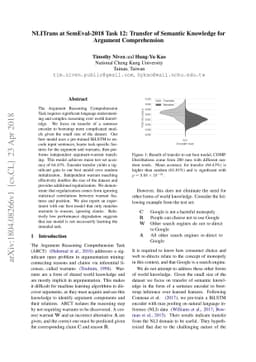 NLITrans at SemEval-2018 Task 12: Transfer of Semantic Knowledge for
  Argument Comprehension