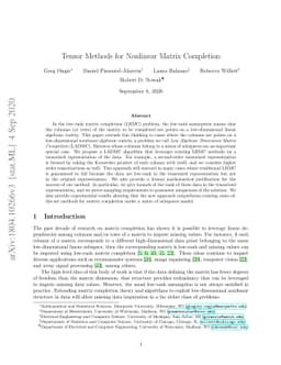 Tensor Methods for Nonlinear Matrix Completion
