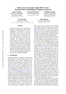 What you can cram into a single vector: Probing sentence embeddings for
  linguistic properties
