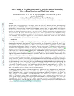 NRC-Canada at SMM4H Shared Task: Classifying Tweets Mentioning Adverse
  Drug Reactions and Medication Intake