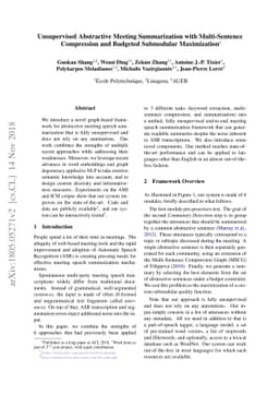 Unsupervised Abstractive Meeting Summarization with Multi-Sentence
  Compression and Budgeted Submodular Maximization