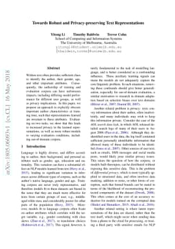 Towards Robust and Privacy-preserving Text Representations