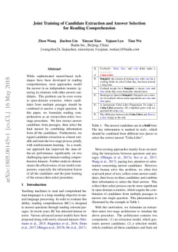 Joint Training of Candidate Extraction and Answer Selection for Reading
  Comprehension