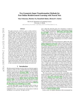 Two geometric input transformation methods for fast online reinforcement
  learning with neural nets