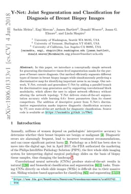 Y-Net: Joint Segmentation and Classification for Diagnosis of Breast
  Biopsy Images