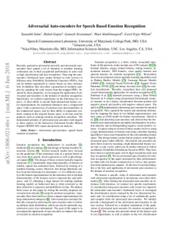 Adversarial Auto-encoders for Speech Based Emotion Recognition