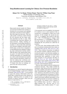 Deep Reinforcement Learning for Chinese Zero pronoun Resolution