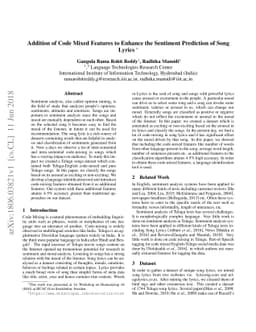 Addition of Code Mixed Features to Enhance the Sentiment Prediction of
  Song Lyrics