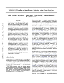 MISSION: Ultra Large-Scale Feature Selection using Count-Sketches