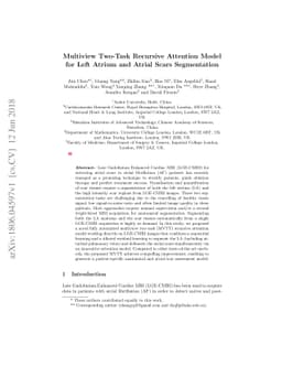 Multiview Two-Task Recursive Attention Model for Left Atrium and Atrial
  Scars Segmentation