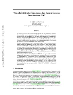 The relativistic discriminator: a key element missing from standard GAN