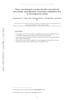 Deep convolutional encoder-decoder networks for uncertainty
  quantification of dynamic multiphase flow in heterogeneous media