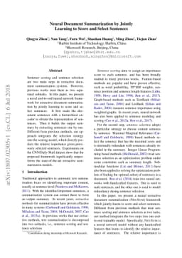 Neural Document Summarization by Jointly Learning to Score and Select
  Sentences