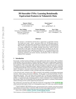 3D Steerable CNNs: Learning Rotationally Equivariant Features in
  Volumetric Data