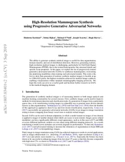 High-Resolution Mammogram Synthesis using Progressive Generative
  Adversarial Networks