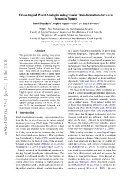 Cross-lingual Word Analogies using Linear Transformations between
  Semantic Spaces