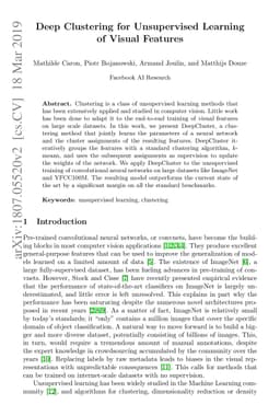 Deep Clustering for Unsupervised Learning of Visual Features