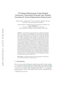 CT Image Enhancement Using Stacked Generative Adversarial Networks and
  Transfer Learning for Lesion Segmentation Improvement