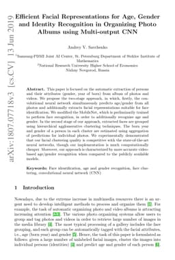 Efficient Facial Representations for Age, Gender and Identity
  Recognition in Organizing Photo Albums using Multi-output CNN