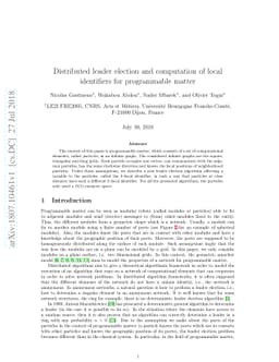 Distributed leader election and computation of local identifiers for
  programmable matter