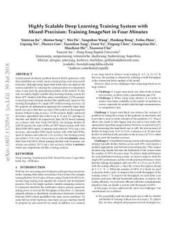 Highly Scalable Deep Learning Training System with Mixed-Precision:
  Training ImageNet in Four Minutes