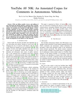 YouTube AV 50K: An Annotated Corpus for Comments in Autonomous Vehicles