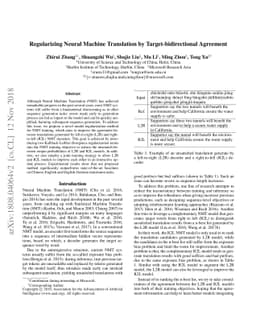 Regularizing Neural Machine Translation by Target-bidirectional
  Agreement