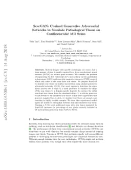 ScarGAN: Chained Generative Adversarial Networks to Simulate
  Pathological Tissue on Cardiovascular MR Scans