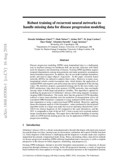Robust training of recurrent neural networks to handle missing data for
  disease progression modeling