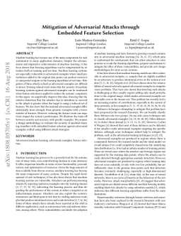 Mitigation of Adversarial Attacks through Embedded Feature Selection
