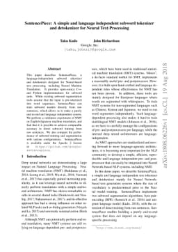 SentencePiece: A simple and language independent subword tokenizer and
  detokenizer for Neural Text Processing