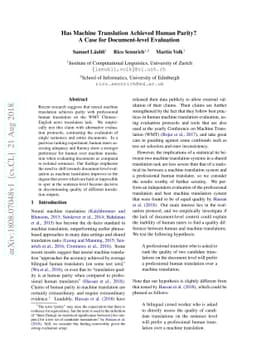 Has Machine Translation Achieved Human Parity? A Case for Document-level
  Evaluation