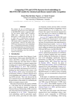 Comparing CNN and LSTM character-level embeddings in BiLSTM-CRF models
  for chemical and disease named entity recognition